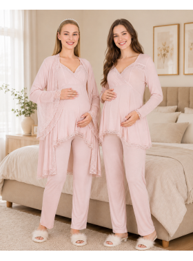 Pudra Dantelli Uzun Kollu Lohusa Hamile Pijama Takımı Sabahlık 33009